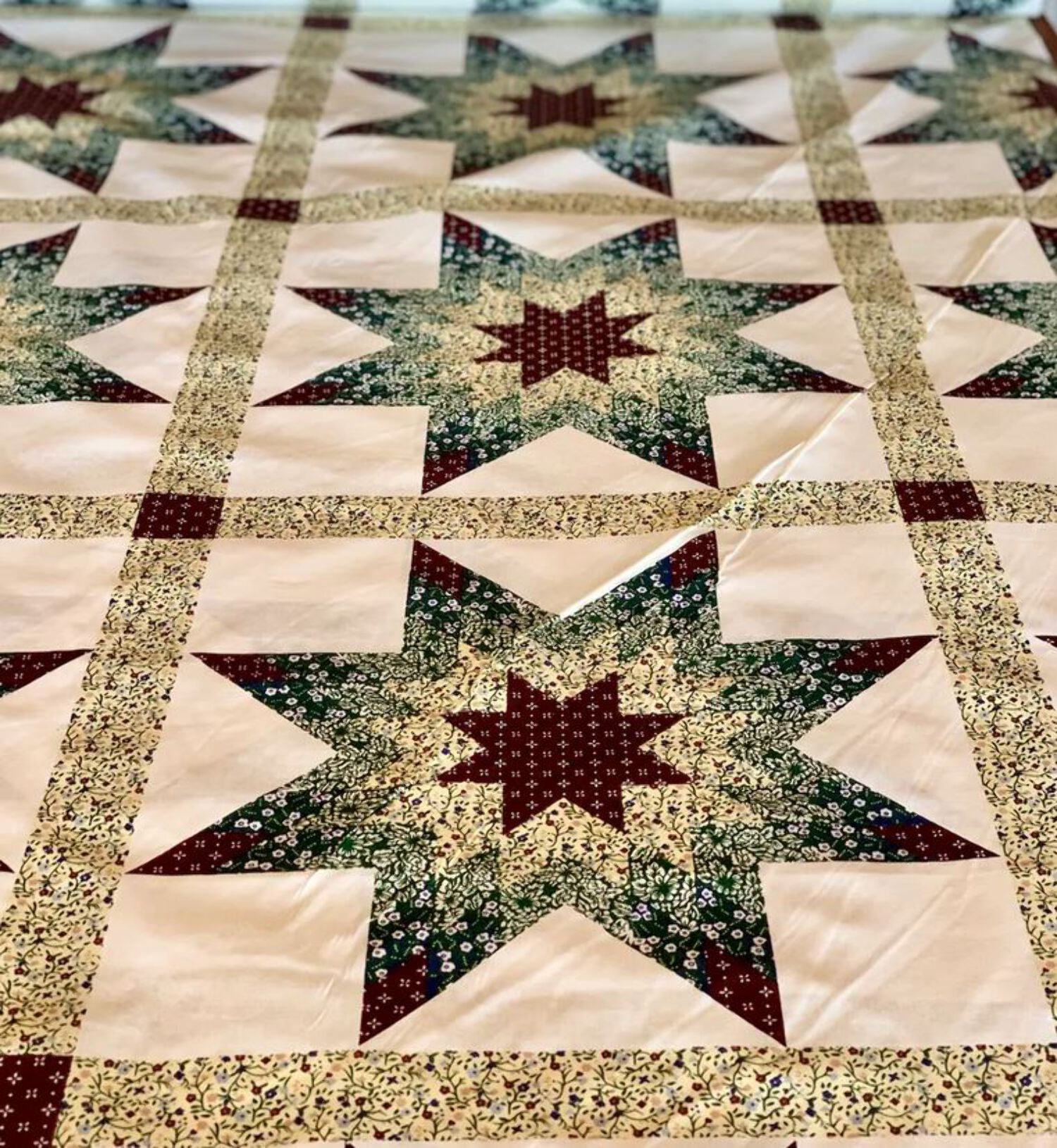 90 x 108 Cheater Quilt Top Calico Star Burgundy Navy Green